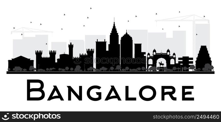 Bangalore City skyline black and white silhouette. Vector illustration. Simple flat concept for tourism presentation, banner, placard or web site. Business travel concept. Cityscape with landmarks