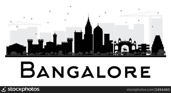 Bangalore City skyline black and white silhouette. Vector illustration. Simple flat concept for tourism presentation, banner, placard or web site. Business travel concept. Cityscape with landmarks