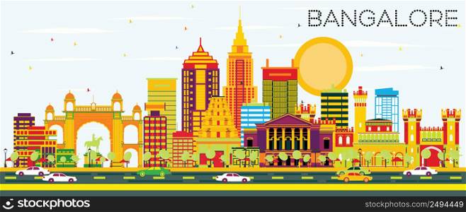Bangalore Skyline with Color Buildings and Blue Sky. Vector Illustration. Business Travel and Tourism Concept with Historic Architecture. Image for Presentation Banner Placard and Web Site.
