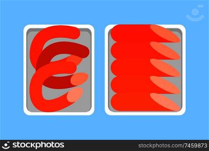 Banger and frankfurter, weenie and red-hot, butchery food in package vector icons. Sausages meat fresh organic products in plastic tray, retail market.. Banger Frankfurter, Weenie Red-Hot, Butchery Food