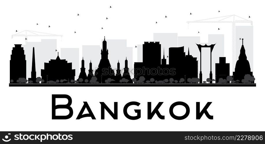 Bangkok City skyline black and white silhouette. Vector illustration. Simple flat concept for tourism presentation, banner, placard or web site. Business travel concept. Cityscape with landmarks