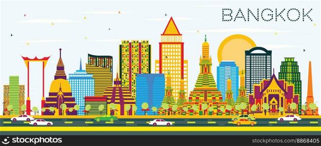 Bangkok Skyline with Color Landmarks and Blue Sky. Vector Illustration. Business Travel and Tourism Concept. Image for Presentation Banner Placard and Web Site.