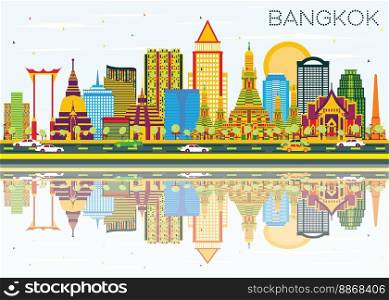 Bangkok Skyline with Color Landmarks, Blue Sky and Reflections. Vector Illustration. Business Travel and Tourism Concept. Image for Presentation Banner Placard and Web Site.