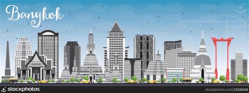 Bangkok Skyline with Gray Landmarks and Blue Sky. Vector Illustration. Business Travel and Tourism Concept with Bangkok City. Image for Presentation Banner Placard and Web Site.