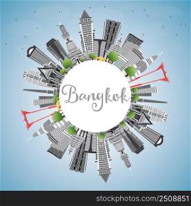 Bangkok Skyline with Gray Landmarks, Blue Sky and Copy Space. Vector Illustration. Business Travel and Tourism Concept with Bangkok City. Image for Presentation Banner Placard and Web Site.