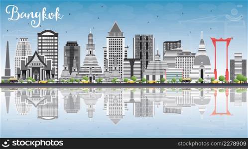 Bangkok Skyline with Gray Landmarks, Blue Sky and Reflections. Vector Illustration. Business Travel and Tourism Concept with Bangkok City. Image for Presentation Banner Placard and Web Site.
