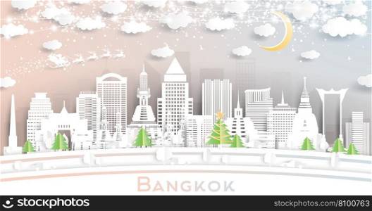 Bangkok Thailand City Skyline in Paper Cut Style with Snowflakes, Moon and Neon Garland. Vector Illustration. Christmas and New Year Concept. Santa Claus on Sleigh.