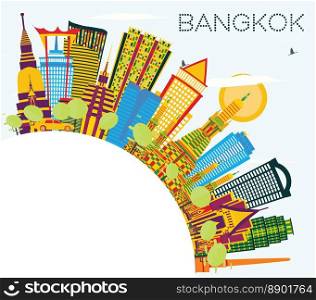 Bangkok Thailand Skyline with Color Landmarks, Blue Sky and Copy Space. Vector Illustration. Business Travel and Tourism Concept. Bangkok Cityscape with Landmarks.