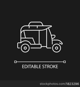 Bangkok tuk-tuk white linear icon for dark theme. Three-wheeled vehicle. Motorized rickshaw. Thin line customizable illustration. Isolated vector contour symbol for night mode. Editable stroke. Bangkok tuk-tuk white linear icon for dark theme