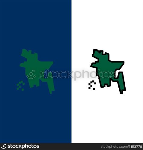 Bangladesh, Bangladesh Country, Bangladesh Icons. Flat and Line Filled Icon Set Vector Blue Background