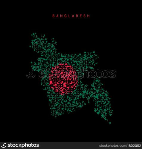 Bangladesh flag map, chaotic particles pattern in the colors of the Bangladeshi flag. Vector illustration isolated on black background.. Bangladesh flag map, chaotic particles pattern in the Bangladeshi flag colors. Vector illustration