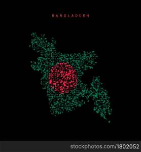 Bangladesh flag map, chaotic particles pattern in the colors of the Bangladeshi flag. Vector illustration isolated on black background.. Bangladesh flag map, chaotic particles pattern in the Bangladeshi flag colors. Vector illustration