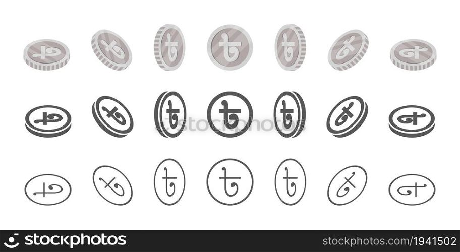 Bangladeshi coins. Rotation of icons at different angles for animation. Coins in isometric. Vector illustration
