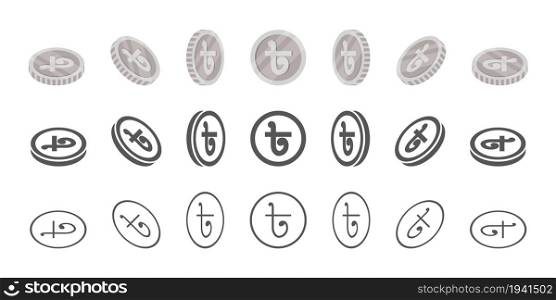Bangladeshi coins. Rotation of icons at different angles for animation. Coins in isometric. Vector illustration