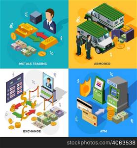 Bank 2x2 isometric design concept set with armored trucks cash machines metals trading and exchange rate compositions vector illustration. Bank 2x2 Isometric Design Concept