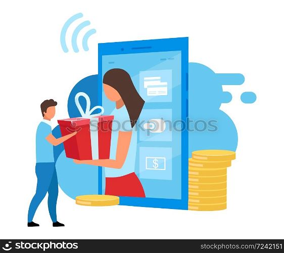 Bank account bonuses flat vector illustration. Cashback options cartoon concept. Mobile banking, ebanking, digital wallet app special offers, discounts. Referral reward program, customer loyalty