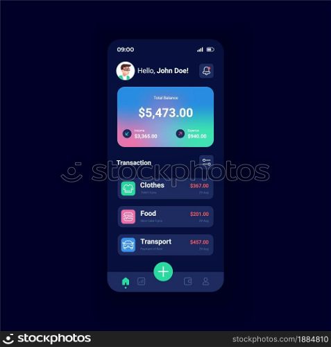 Bank account night mode smartphone interface vector template. Managing income. Savings and expenses. Mobile app page design layout. Financial service screen. Flat UI for application. Phone display. Bank account night mode smartphone interface vector template