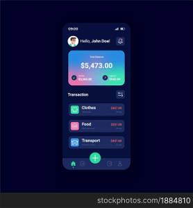 Bank account night mode smartphone interface vector template. Managing income. Savings and expenses. Mobile app page design layout. Financial service screen. Flat UI for application. Phone display. Bank account night mode smartphone interface vector template