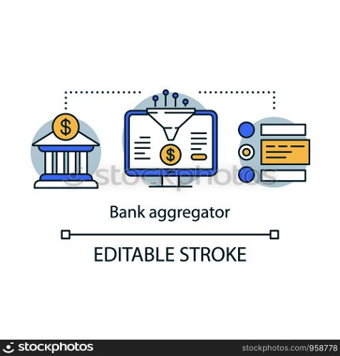 Bank aggregator service concept icon. Data compiling, account information gathering idea thin line illustration. Online banking company services. Vector isolated outline drawing. Editable stroke