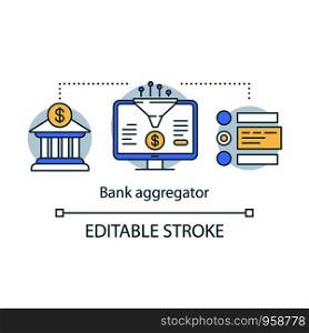Bank aggregator service concept icon. Data compiling, account information gathering idea thin line illustration. Online banking company services. Vector isolated outline drawing. Editable stroke