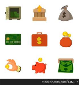 Bank and money icons set. Cartoon illustration of 9 bank and money vector icons for web. Bank and money icons set, cartoon style