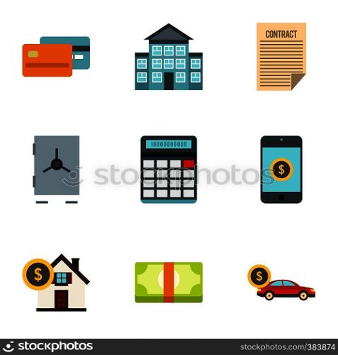 Bank and money icons set. Flat illustration of 9 bank and money vector icons for web. Bank and money icons set, flat style