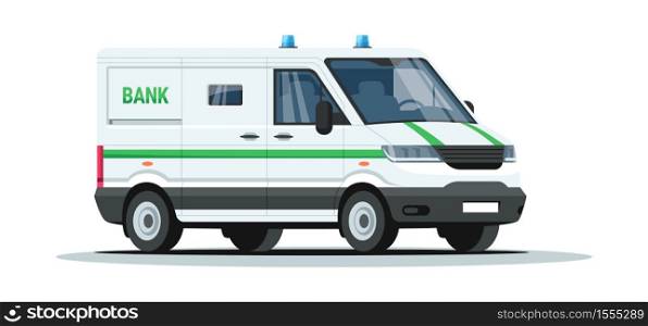 Bank armored truck semi flat RGB color vector illustration. Transportation for financial services. Safe money delivery with vehicle. Van isolated cartoon object on white background. Bank armored truck semi flat RGB color vector illustration