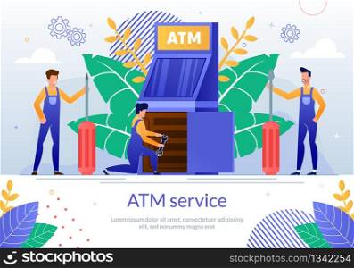 Bank ATM Repair Service Flat Vector Banner Template with Servicemen or Repairman in Uniform, Making Diagnostics and Maintenance of Automated Teller Machine, Repairing Broken Cash Point Illustration
