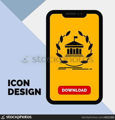 bank, banking, online, university, building, education Glyph Icon in Mobile for Download Page. Yellow Background. Vector EPS10 Abstract Template background