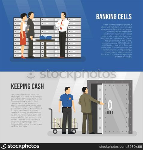 Bank Banners Set. Horizontal banners set with clients and clerks standing near banking cells flat isolated vector illustration