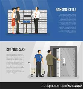 Bank Banners Set. Horizontal banners set with clients and clerks standing near banking cells flat isolated vector illustration