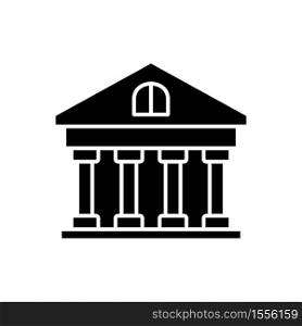 Bank black glyph icon. Classic building with pillars. Government building. University structure. inancial service, bank account. Silhouette symbol on white space. Vector isolated illustration. Bank black glyph icon