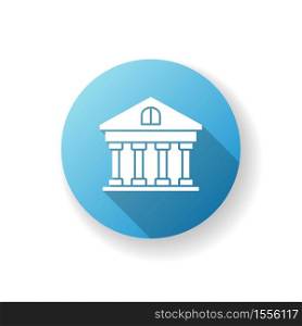 Bank blue flat design long shadow glyph icon. Classic building with pillars. Government building. University structure. Financial service, bank account. Silhouette RGB color illustration. Bank blue flat design long shadow glyph icon