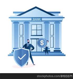 Bank building and businessmen with dollar coins and security shield,loan approval concept,business success and safe payments,male character in trendy style,vector illustration