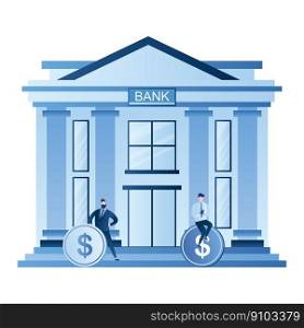 Bank building and businessmen with dollar coins,loan approval and profit concept,successful business,male characters in trendy style,vector illustration
