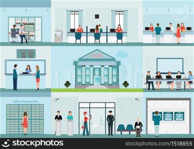 Bank building and finance infographic with office, front desk, waiting room, entrance , self service atm, banking and people working, finance concept vector illustration.