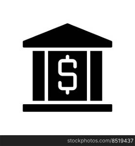 Bank building black glyph icon. Financial operations and transactions. Credit and deposit. Money and economy. Silhouette symbol on white space. Solid pictogram. Vector isolated illustration. Bank building black glyph icon