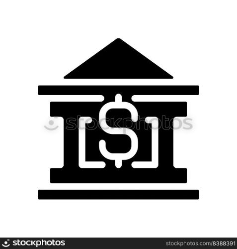 Bank building black glyph icon. Financing business. Borrow money. Personal loans. Financial institution. Cash needs. Silhouette symbol on white space. Solid pictogram. Vector isolated illustration. Bank building black glyph icon