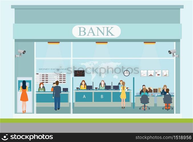 Bank building exterior and bank interior, counter desk, cashier, consulting, presenting, currency exchange, financial services ,Banking concept vector illustration.