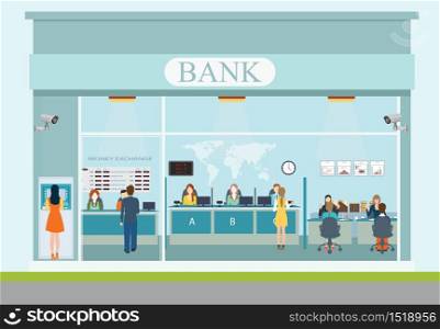 Bank building exterior and bank interior, counter desk, cashier, consulting, presenting, currency exchange, financial services ,Banking concept vector illustration.