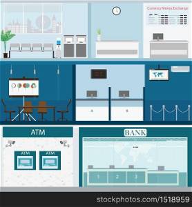 Bank building exterior and interior counter desk, cashier, consulting, money currency exchange, financial services, ATM, safety deposit box with CCTV security camera, banking vector illustration.