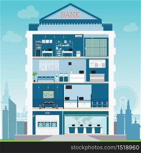 Bank building exterior and interior with counter desk, cashier, consulting, money currency exchange, financial services , ATM and safety deposit box, vector illustration.