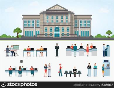 Bank building exterior in city space and public access to financial services to banks isolated on white, bank interior, counter desk, cashier, consulting, presenting, Banking concept vector illustration.