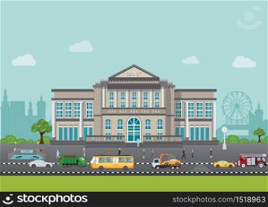 Bank building exterior in city space with street and car and business people walking on street, Vector illustration design.