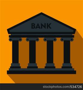 Bank building icon in flat style on a blue background. Bank building icon, flat style