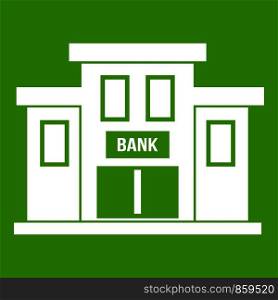 Bank building icon white isolated on green background. Vector illustration. Bank building icon green