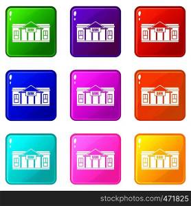 Bank building icons of 9 color set isolated vector illustration. Bank building icons 9 set