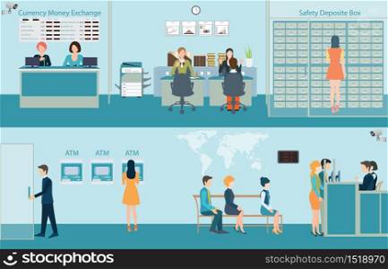 Bank building interior, counter desk, cashier, consulting, presenting, money currency exchange, financial services, ATM and safety deposit box with CCTV security camera, Banking concept vector illustration.