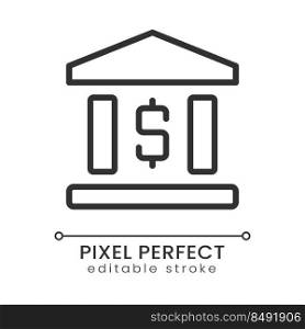 Bank building pixel perfect linear icon. Financial operations and transactions. Money and economy. Thin line illustration. Contour symbol. Vector outline drawing. Editable stroke. Poppins font used. Bank building pixel perfect linear icon