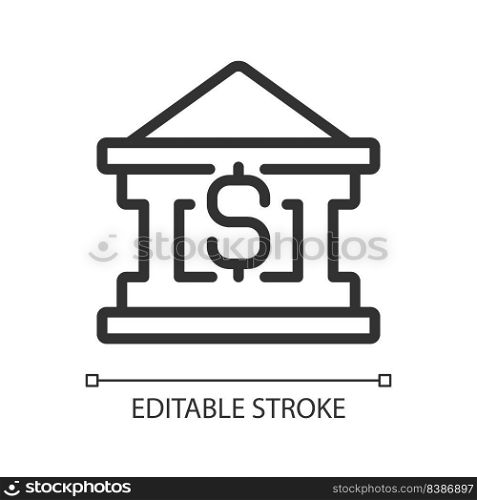 Bank building pixel perfect linear icon. Financing business. Borrow money. Personal loans. Cash needs. Thin line illustration. Contour symbol. Vector outline drawing. Editable stroke. Arial font used. Bank building pixel perfect linear icon